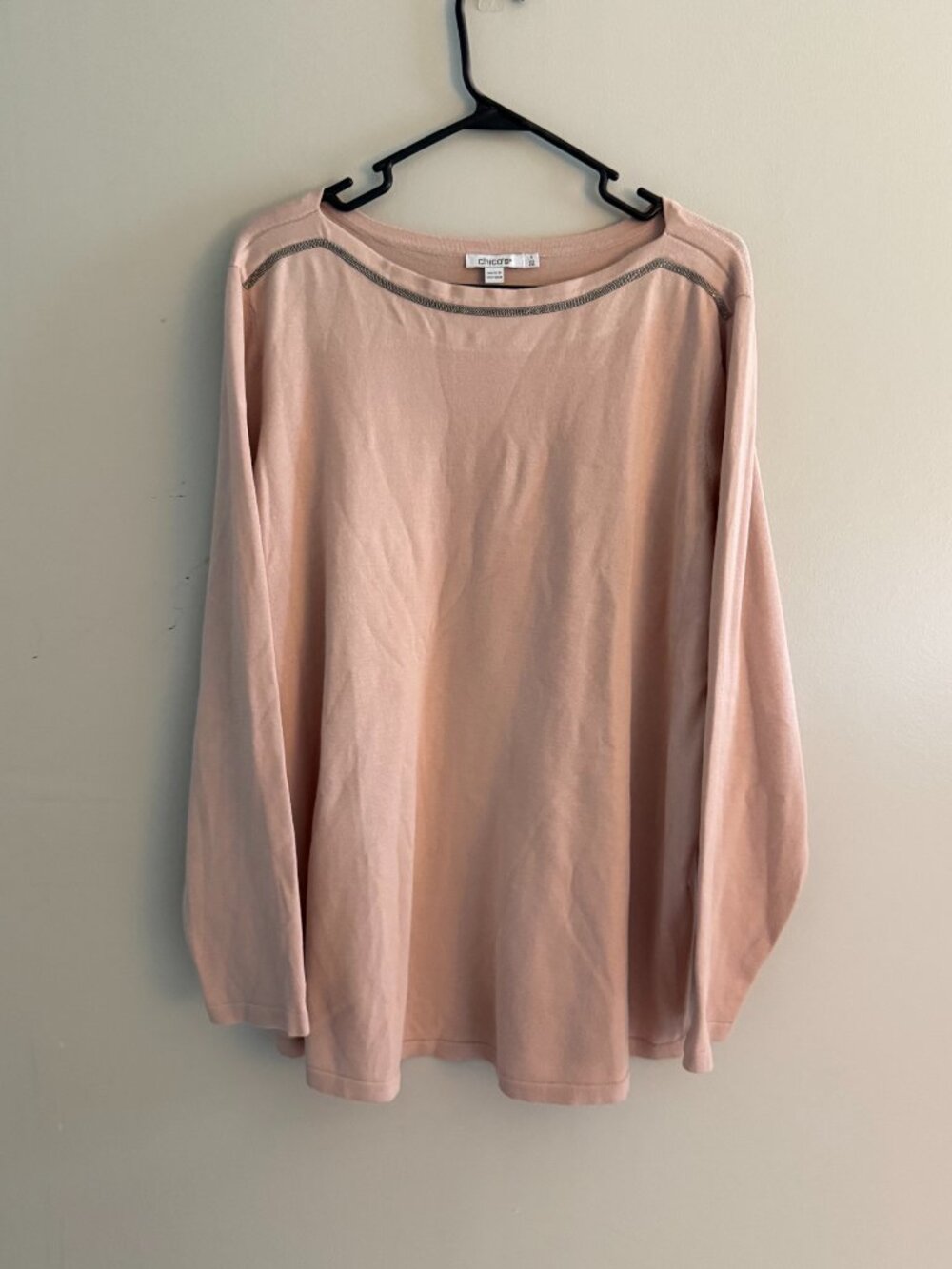 Chico's Blush Pink Boat Neck Long Sleeve Top Beaded Shoulder Trim Size 4 XXL